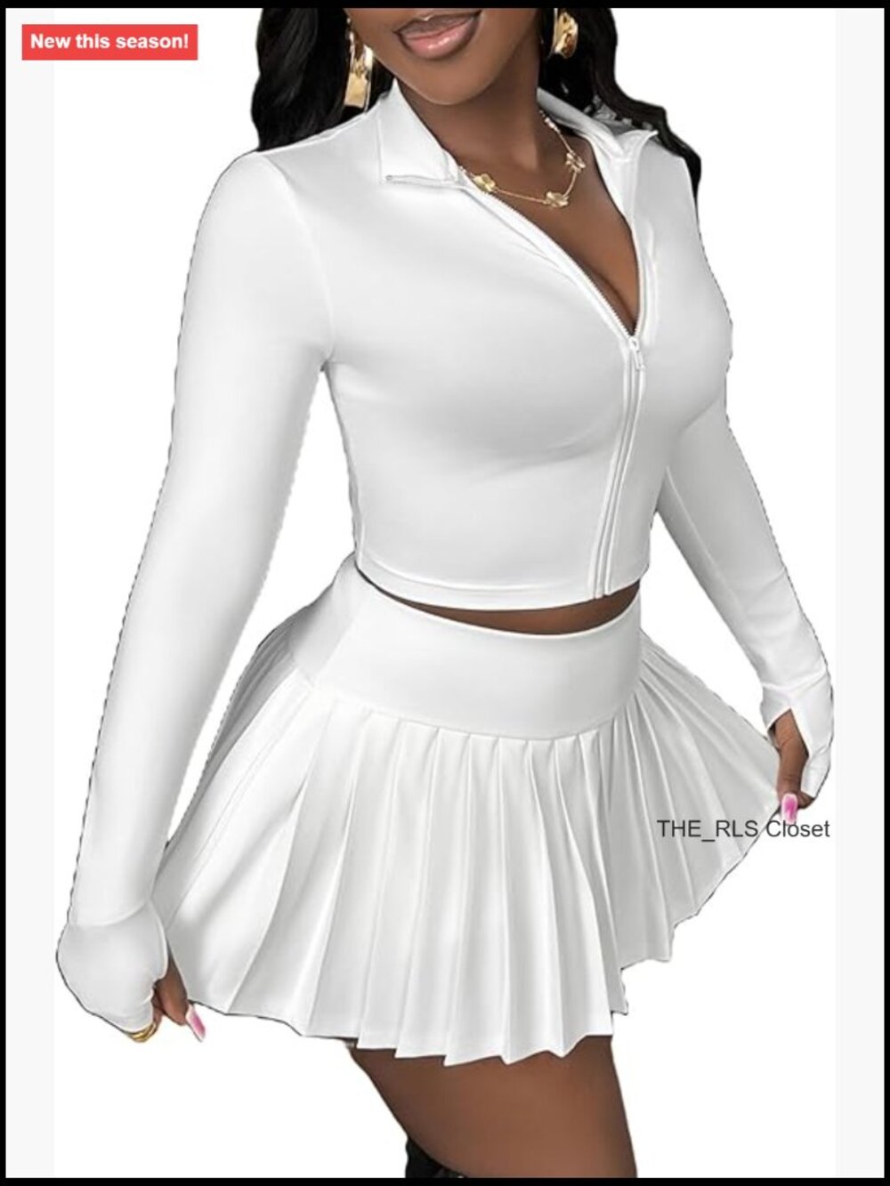Polyester Long Sleeve Crop Top With Pleated Mini Skirt Set